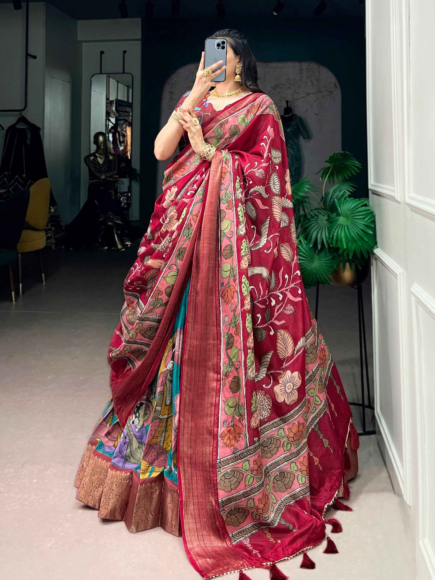 Rama Pure Dola Silk Kalamkari Printed Navratri Lehenga Choli