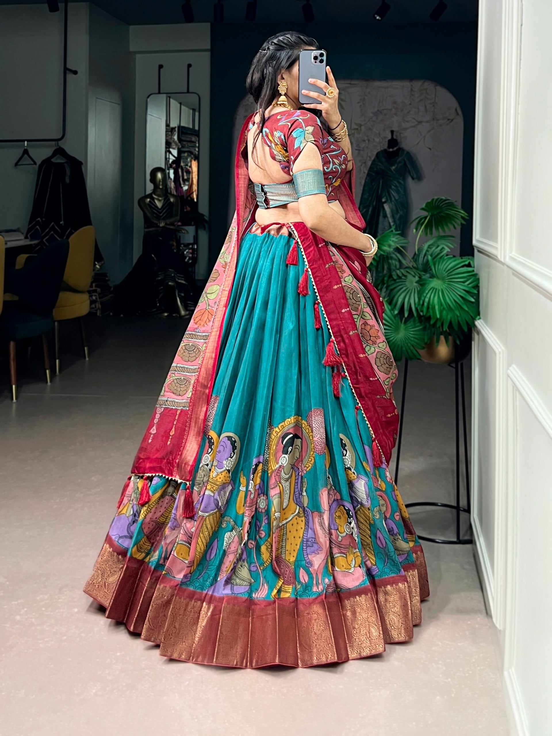 Rama Pure Dola Silk Kalamkari Printed Navratri Lehenga Choli
