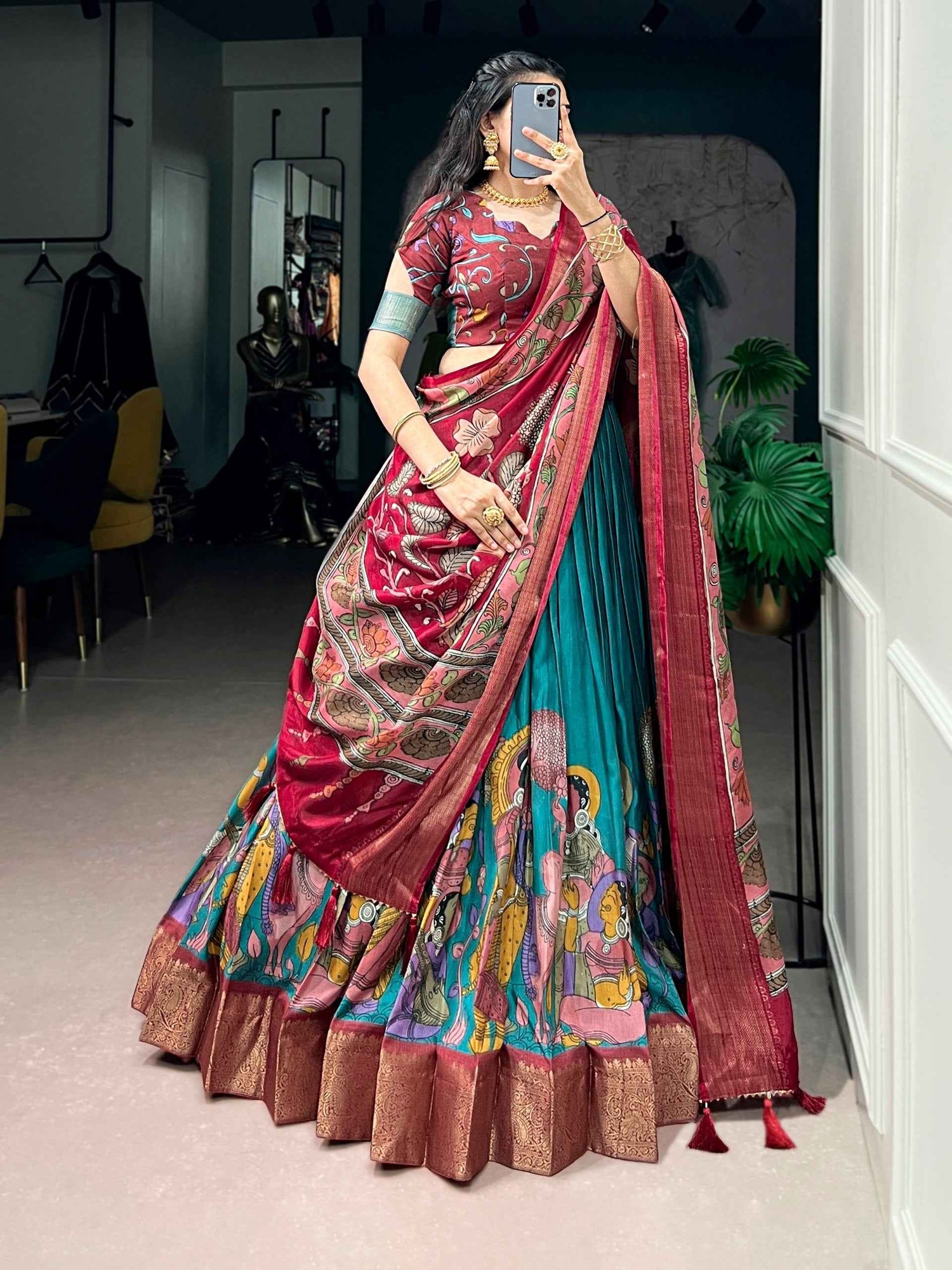 Rama Pure Dola Silk Kalamkari Printed Navratri Lehenga Choli