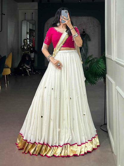 White Pure Lightweight Embossed Design &amp; Real Mirror Navratri Lehenga Choli