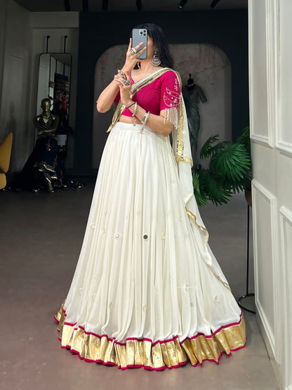 White Pure Lightweight Embossed Design &amp; Real Mirror Navratri Lehenga Choli