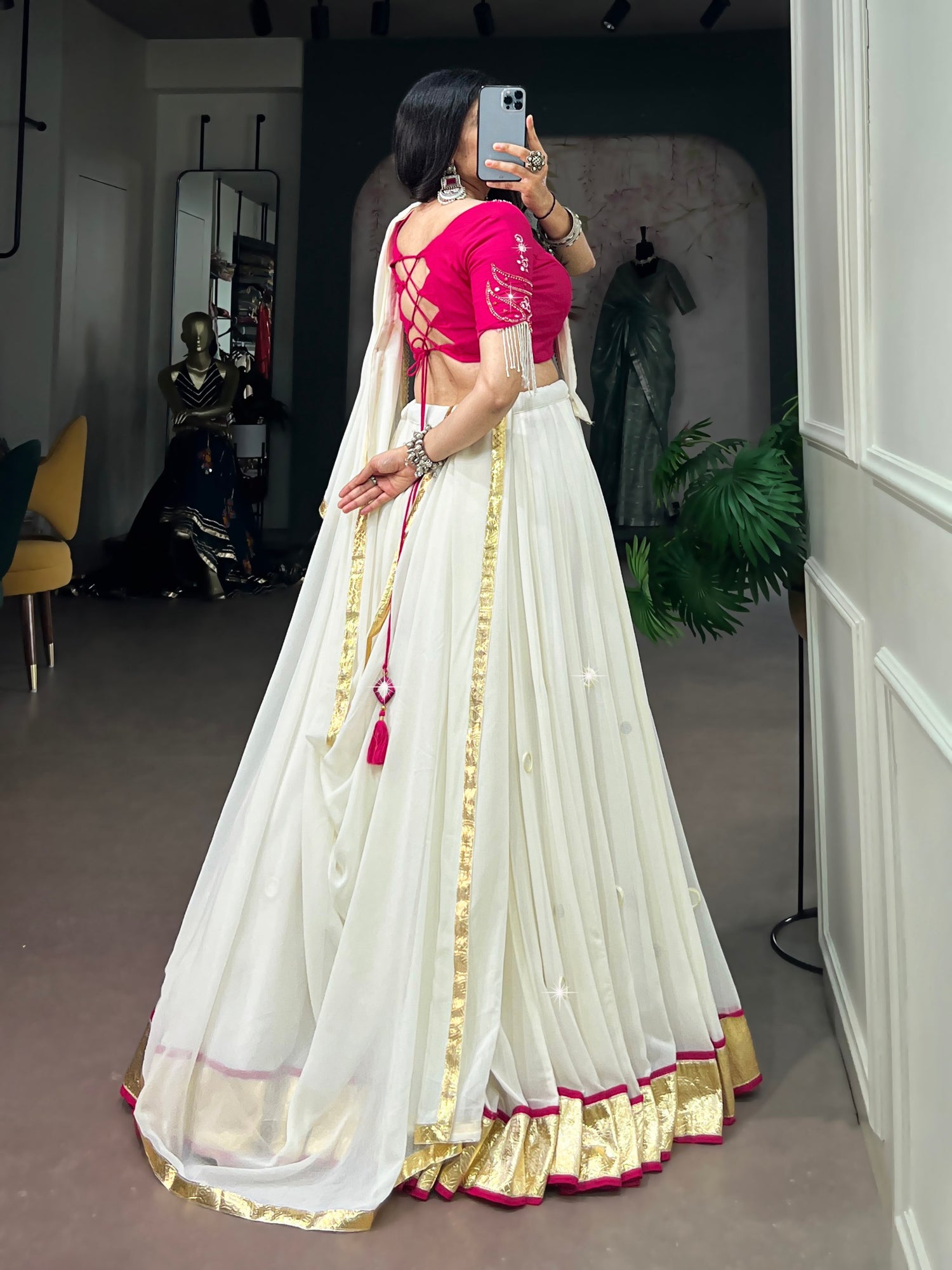White Pure Lightweight Embossed Design &amp; Real Mirror Navratri Lehenga Choli