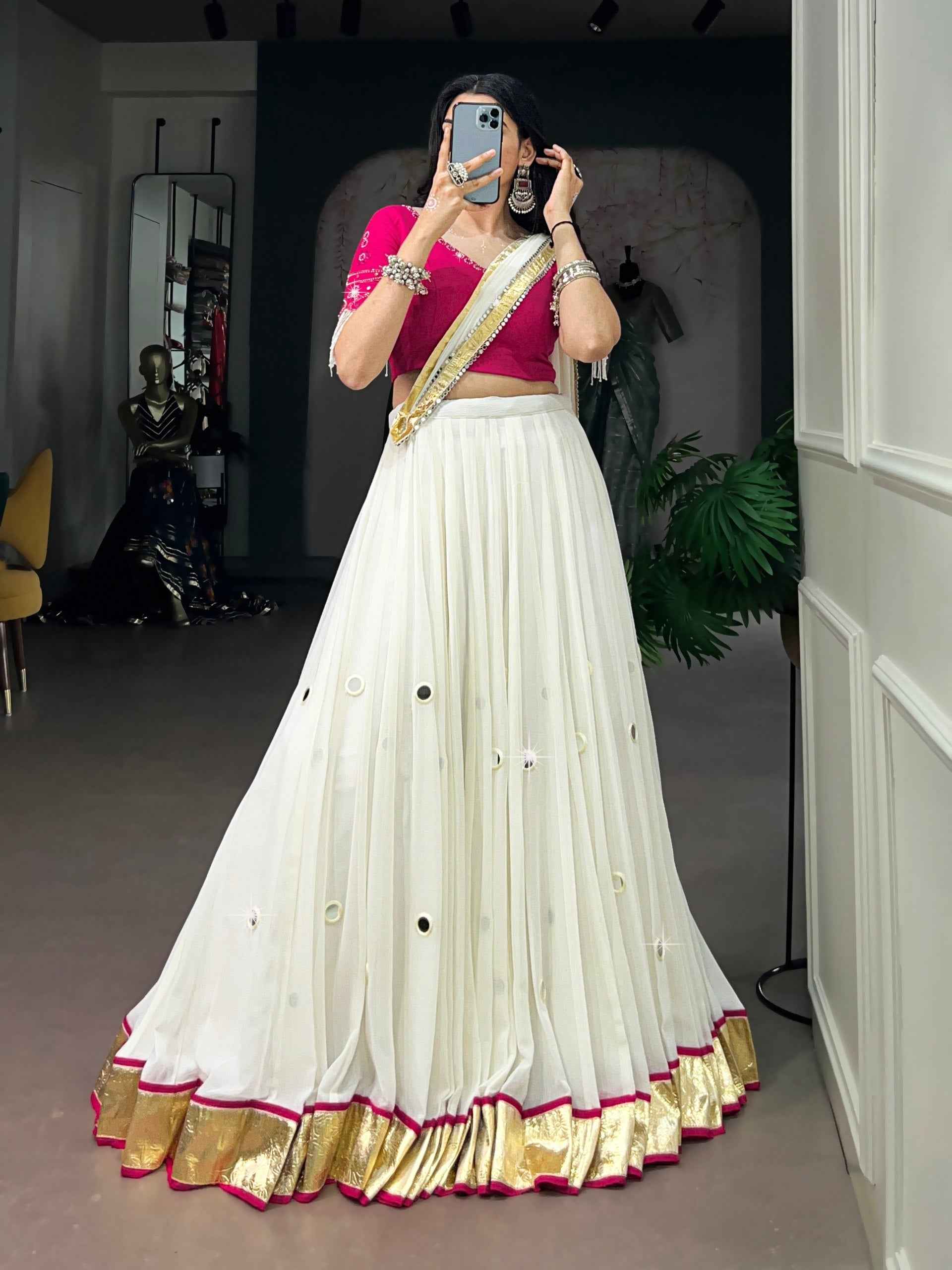 White Pure Lightweight Embossed Design &amp; Real Mirror Navratri Lehenga Choli
