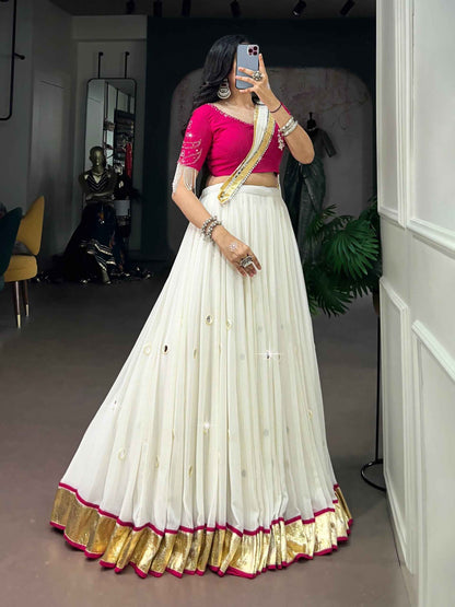 White Pure Lightweight Embossed Design &amp; Real Mirror Navratri Lehenga Choli