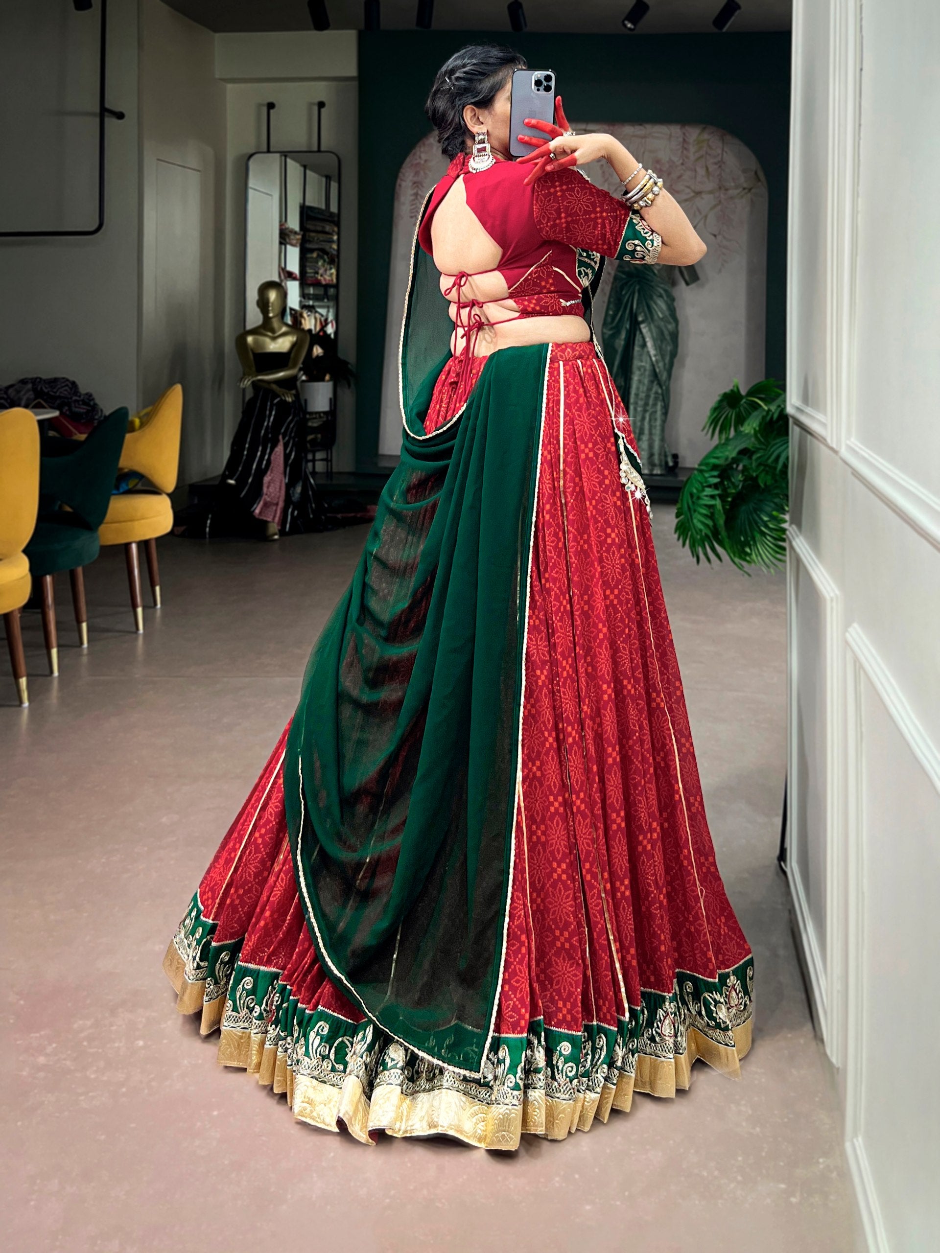 Red Pure Georgette Bandhej Foil Print Navratri Lehenga Choli