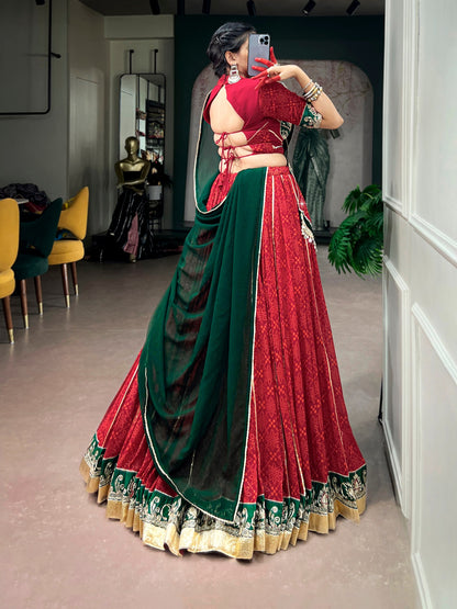 Red Pure Georgette Bandhej Foil Print Navratri Lehenga Choli
