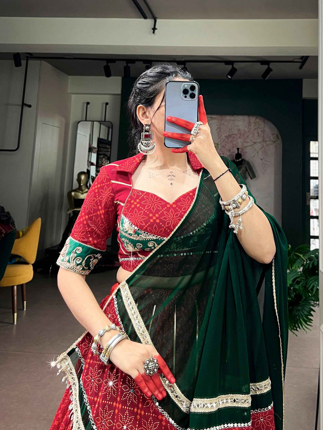 Red Pure Georgette Bandhej Foil Print Navratri Lehenga Choli