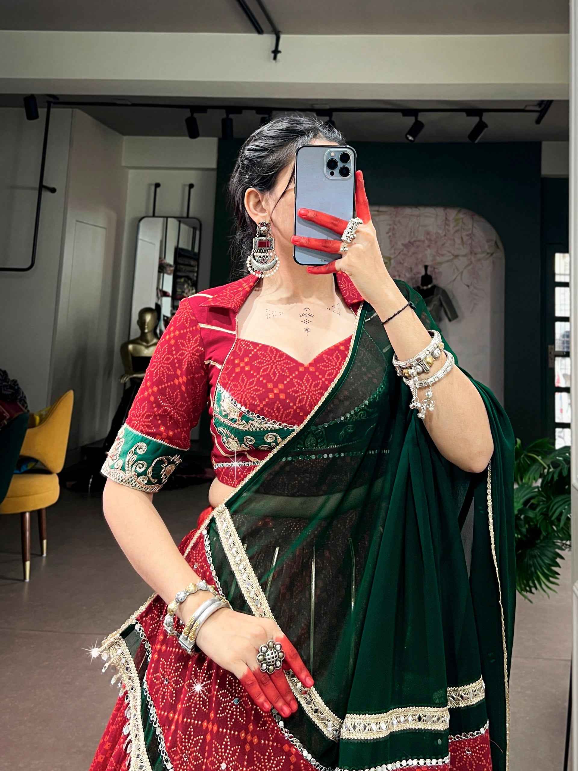 Red Pure Georgette Bandhej Foil Print Navratri Lehenga Choli