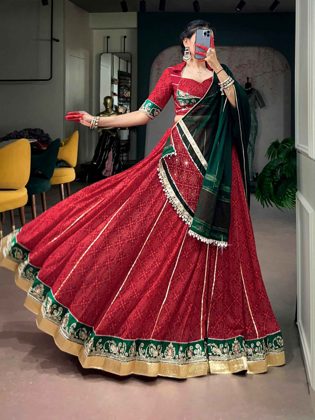 Red Pure Georgette Bandhej Foil Print Navratri Lehenga Choli