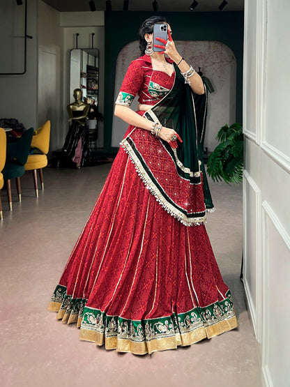Red Pure Georgette Bandhej Foil Print Navratri Lehenga Choli