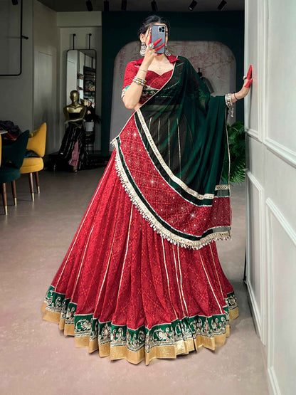 Red Pure Georgette Bandhej Foil Print Navratri Lehenga Choli