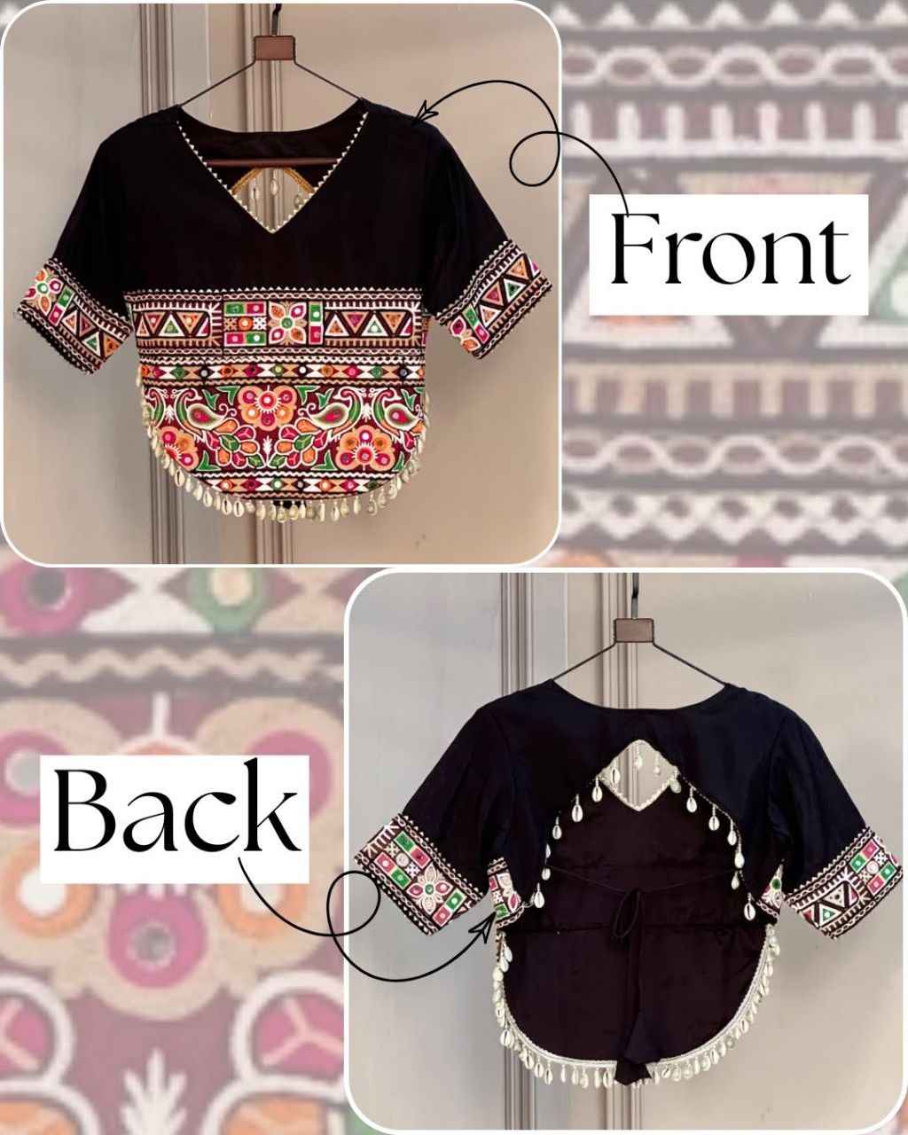 Black Pure Roman Silk Kutchi Gamthi Embroidered Work Navratri Blouse