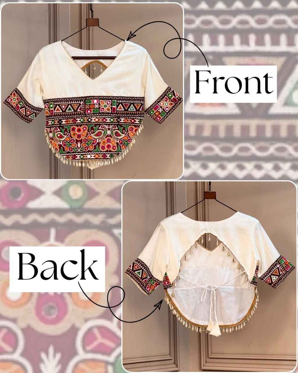 White Pure Roman Silk Kutchi Gamthi Embroidered Work Navratri Blouse