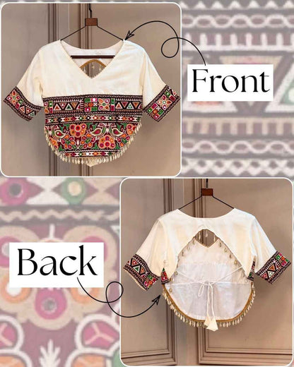 White Pure Roman Silk Kutchi Gamthi Embroidered Work Navratri Blouse
