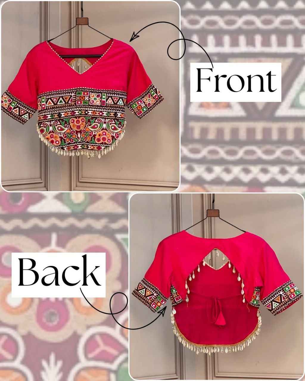Red Pure Roman Silk Kutchi Gamthi Embroidered Work Navratri Blouse