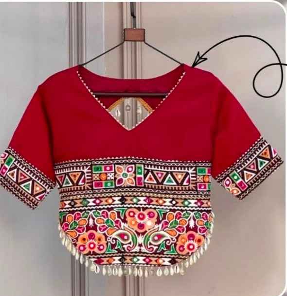 Red Pure Roman Silk Kutchi Gamthi Embroidered Work Navratri Blouse