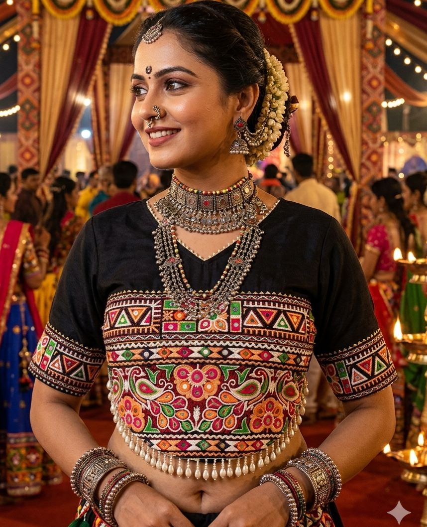 Black Pure Roman Silk Kutchi Gamthi Embroidered Work Navratri Blouse