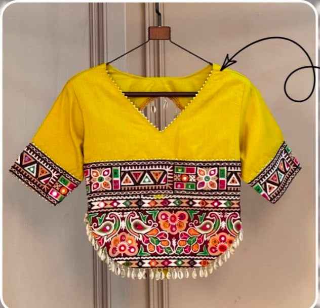 Yellow Pure Roman Silk Kutchi Gamthi Embroidered Work Navratri Blouse