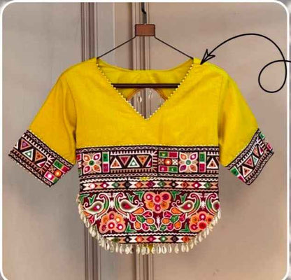 Yellow Pure Roman Silk Kutchi Gamthi Embroidered Work Navratri Blouse