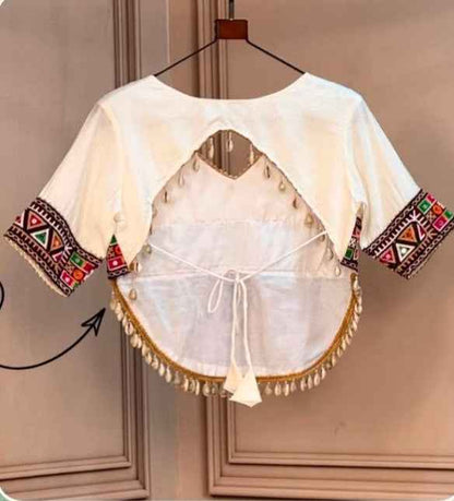 White Pure Roman Silk Kutchi Gamthi Embroidered Work Navratri Blouse
