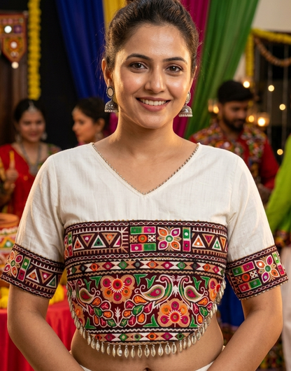 White Pure Roman Silk Kutchi Gamthi Embroidered Work Navratri Blouse