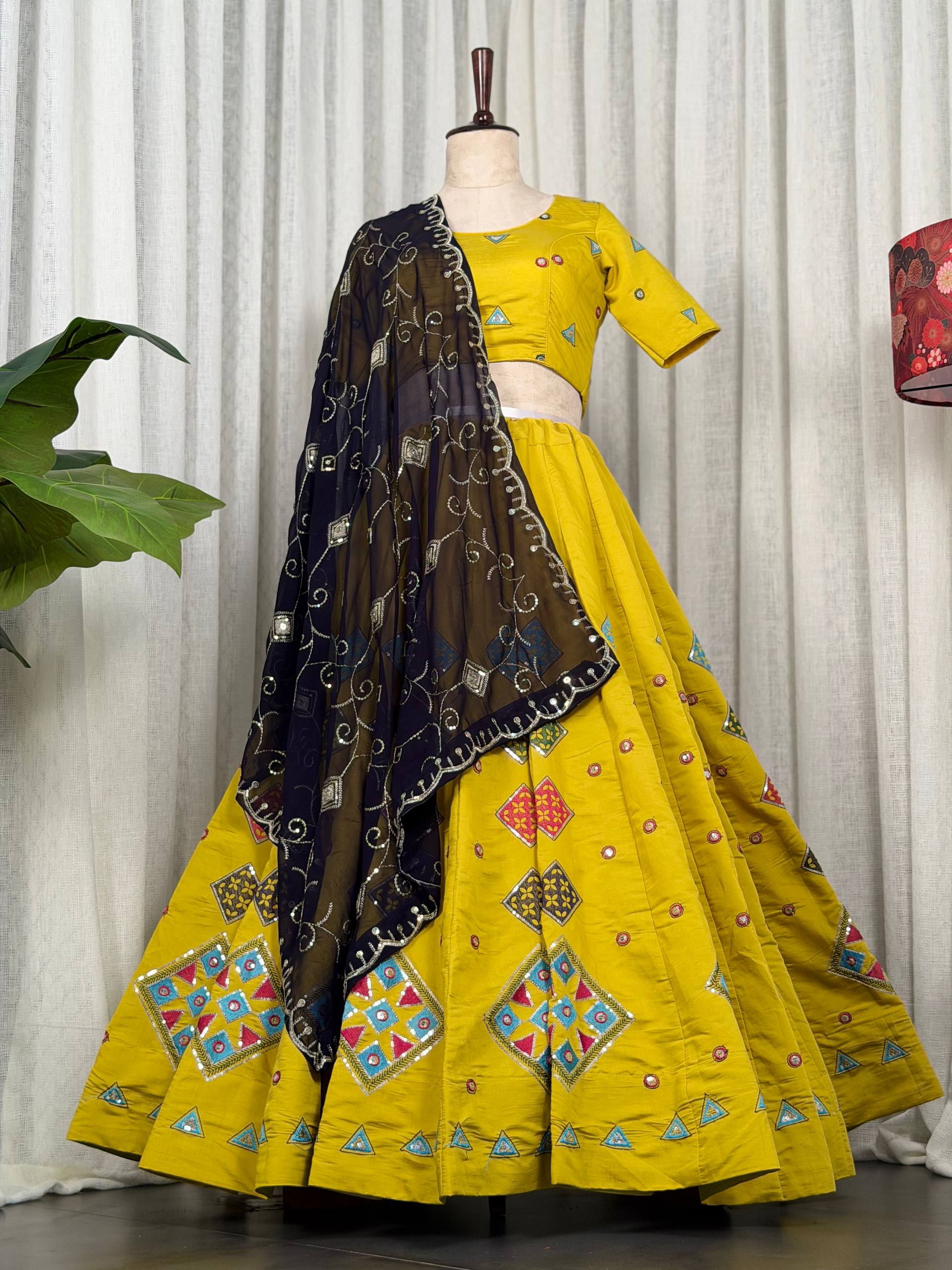 Yellow Pure Roman silk Embroidery sequin Work Navratri Lehenga Choli