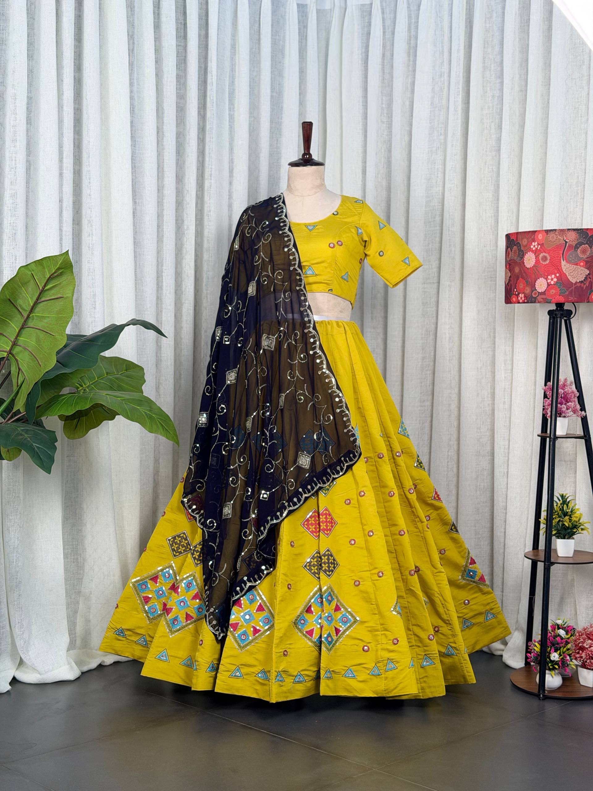 Yellow Pure Roman silk Embroidery sequin Work Navratri Lehenga Choli