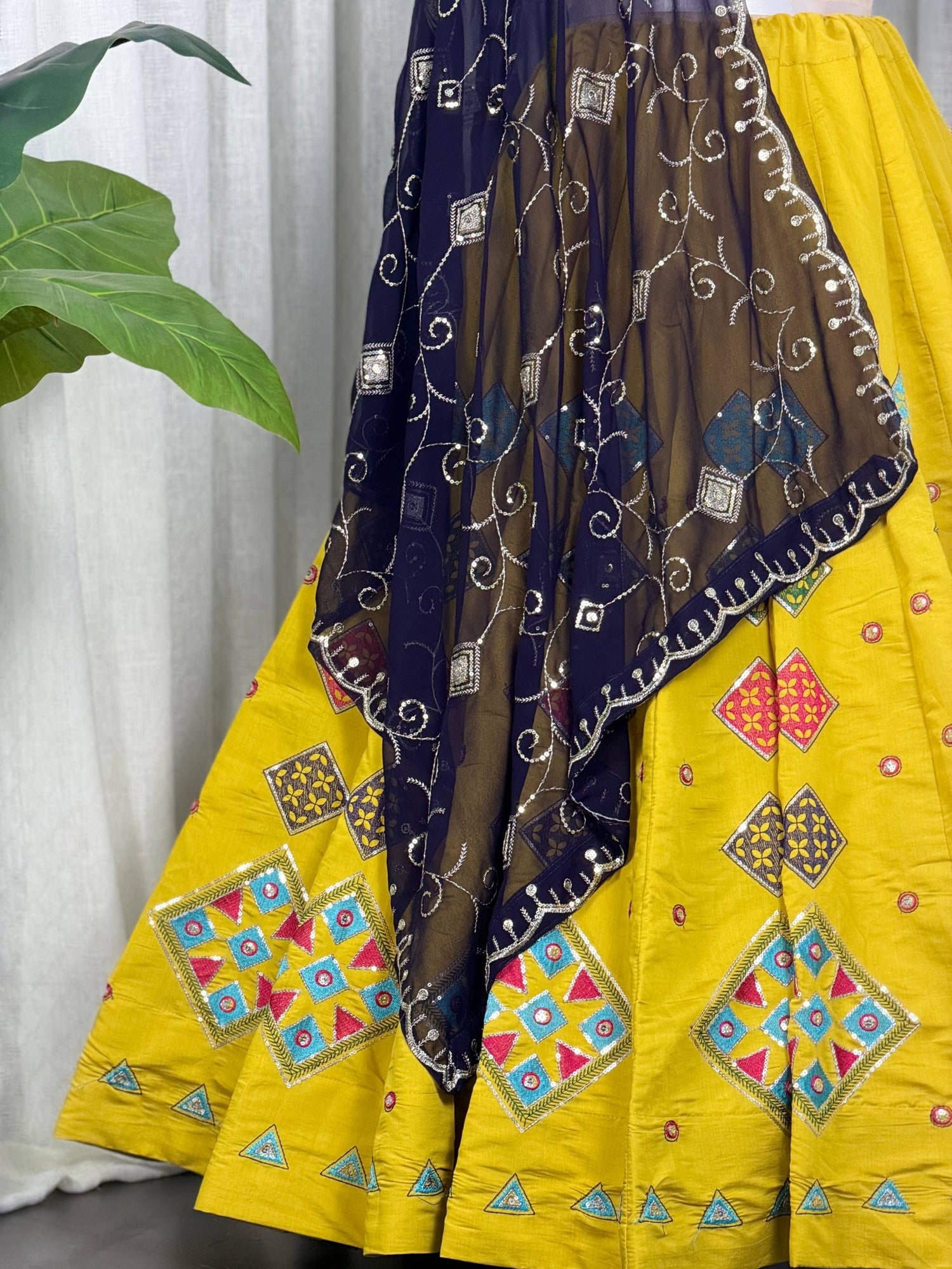 Yellow Pure Roman silk Embroidery sequin Work Navratri Lehenga Choli