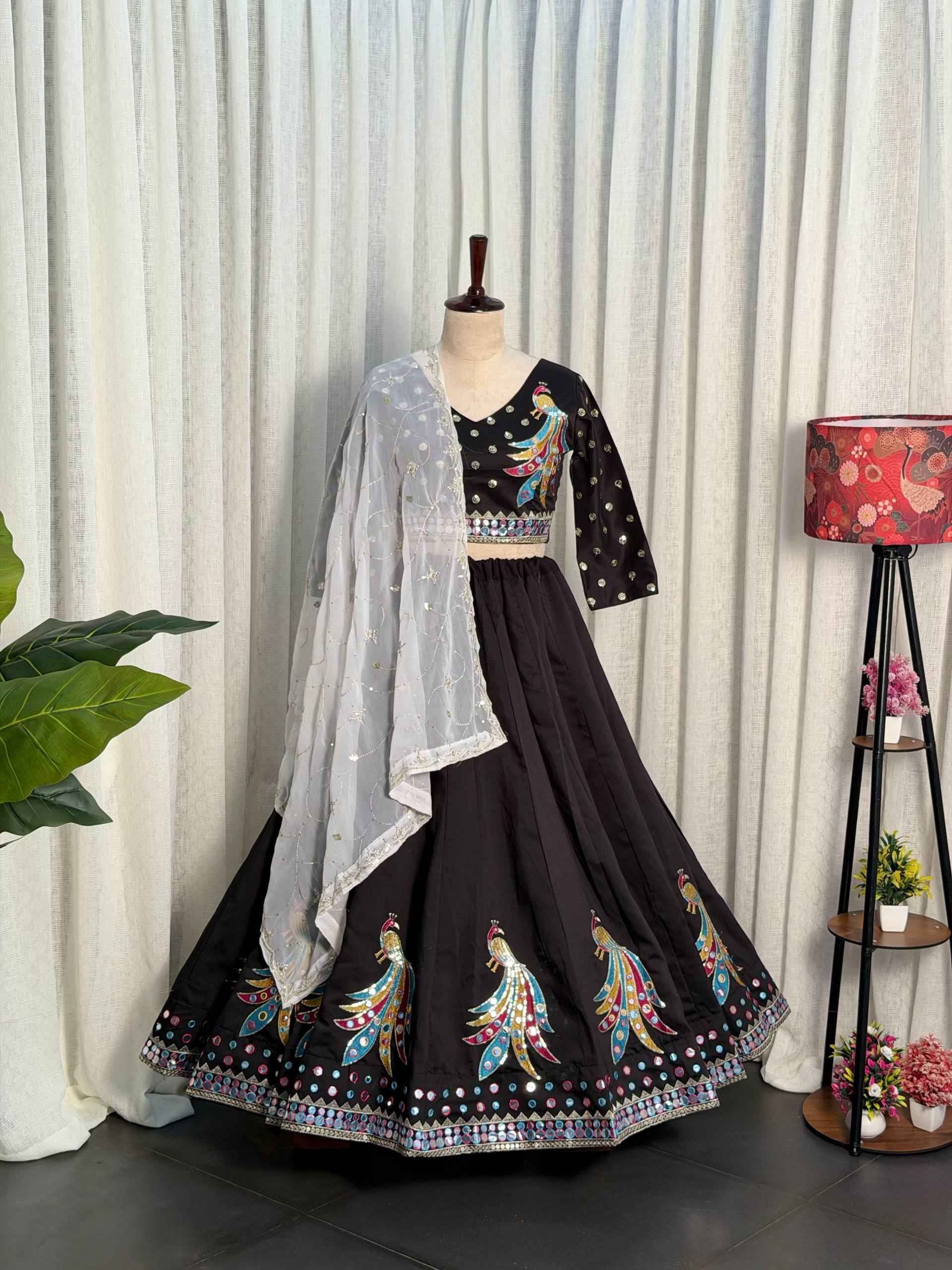 Black Pure Roman silk Embroidery sequin Work Navratri Lehenga Choli