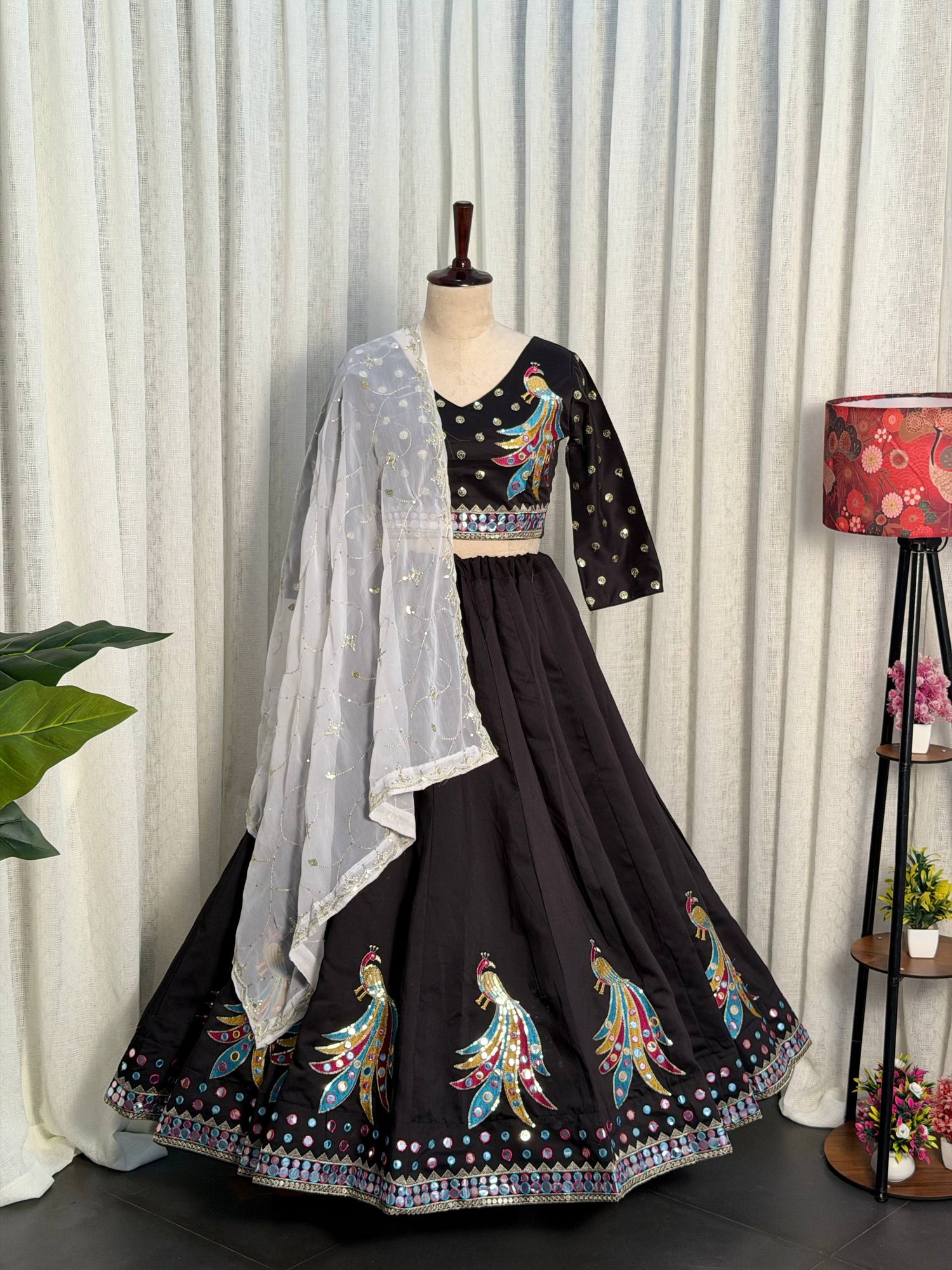 Black Pure Roman silk Embroidery sequin Work Navratri Lehenga Choli