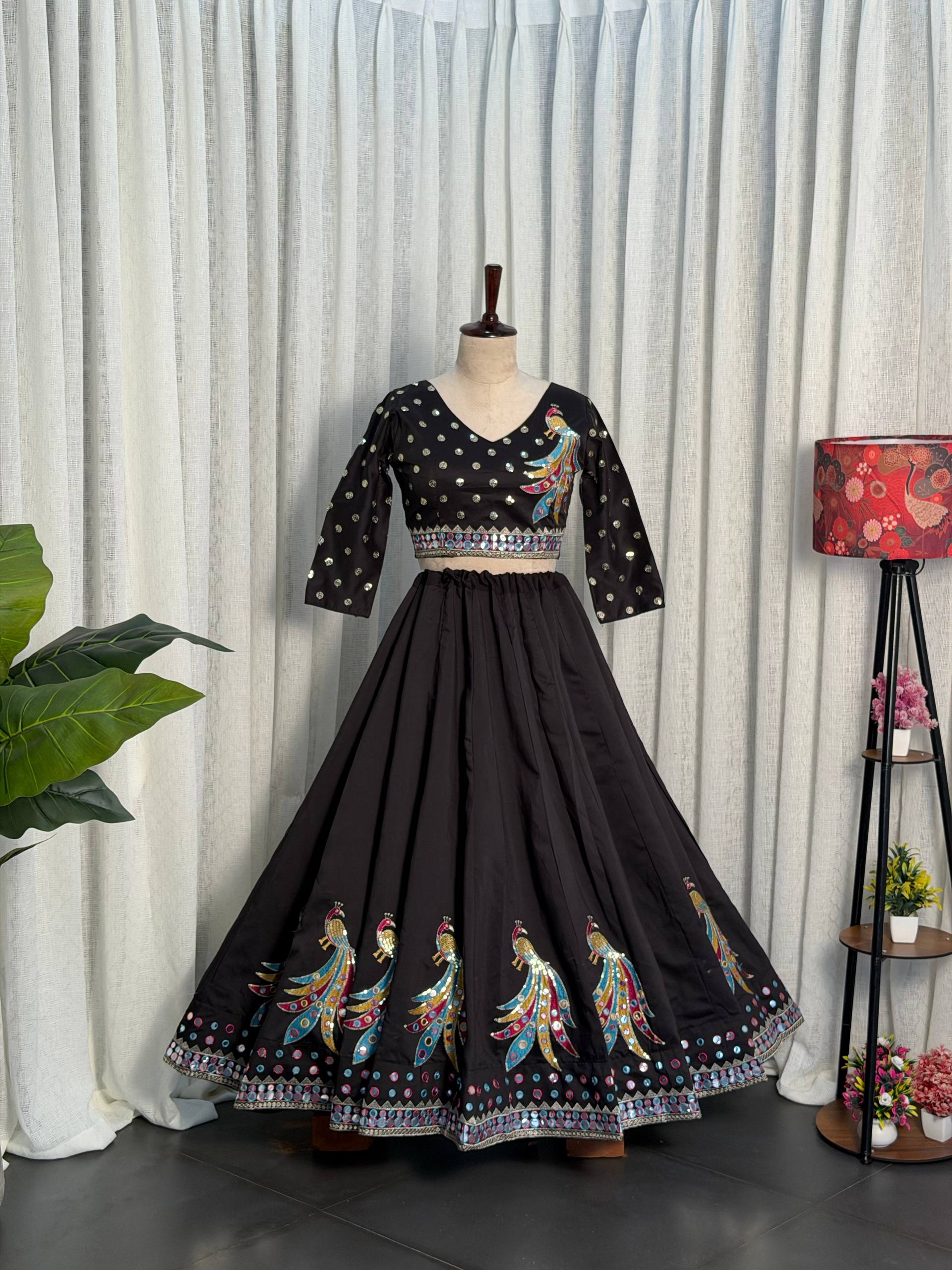 Black Pure Roman silk Embroidery sequin Work Navratri Lehenga Choli