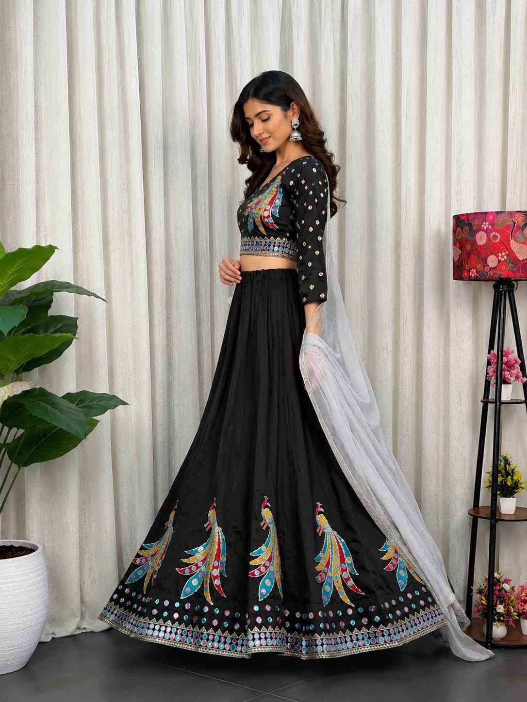 Black Pure Roman silk Embroidery sequin Work Navratri Lehenga Choli