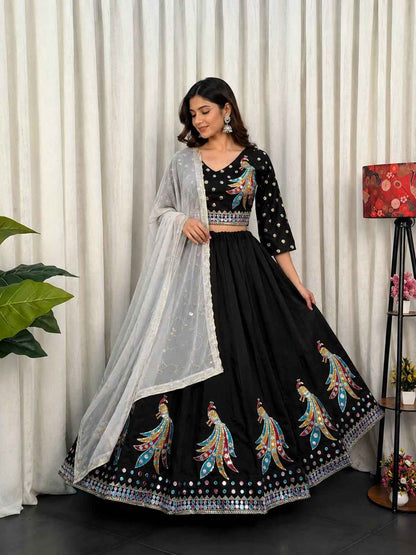 Black Pure Roman silk Embroidery sequin Work Navratri Lehenga Choli