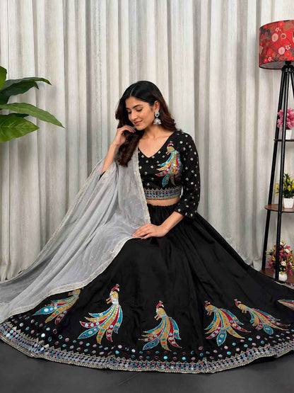 Black Pure Roman silk Embroidery sequin Work Navratri Lehenga Choli