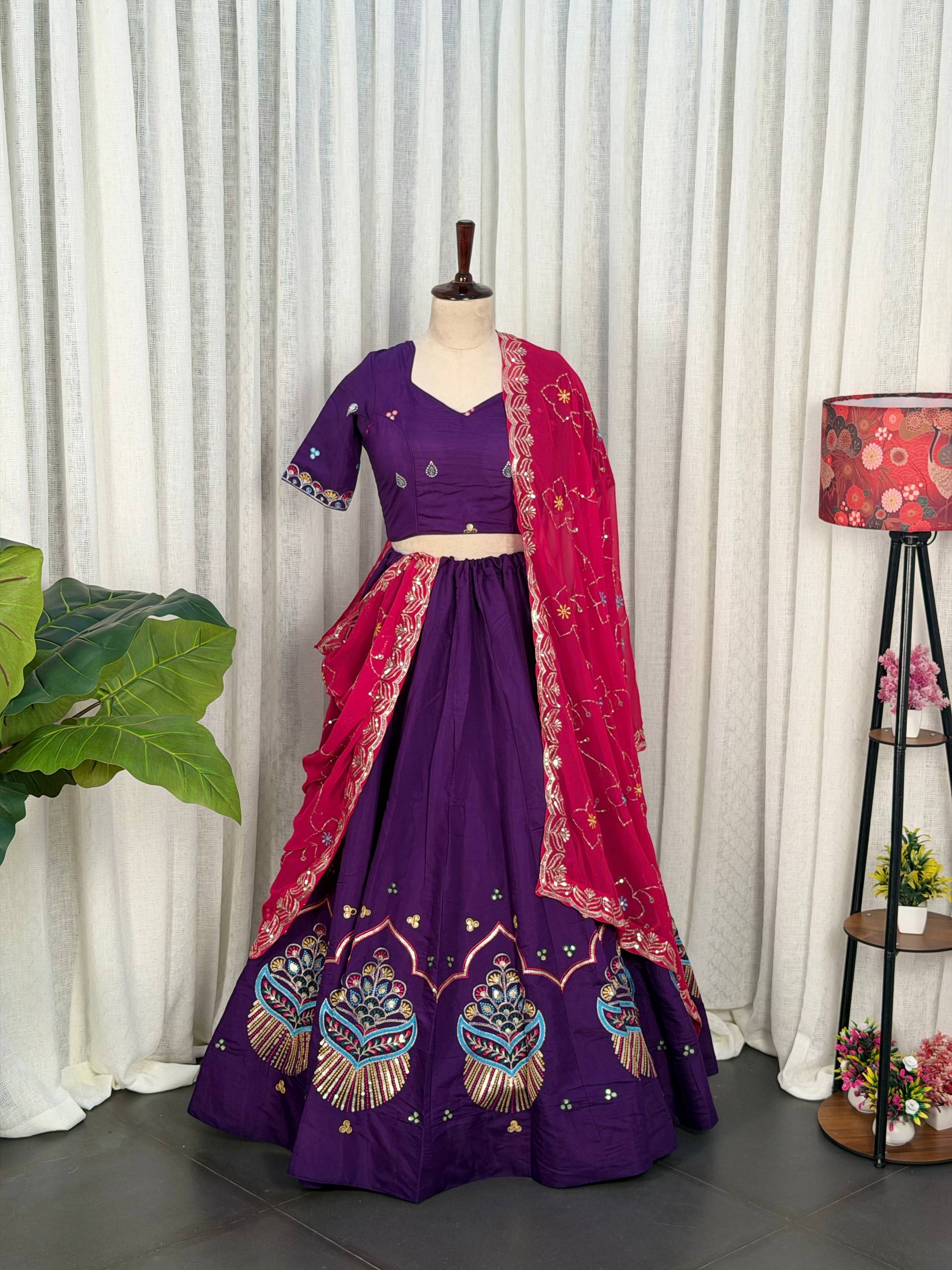 Purple Pure Roman silk Embroidery sequin Work Navratri Lehenga Choli