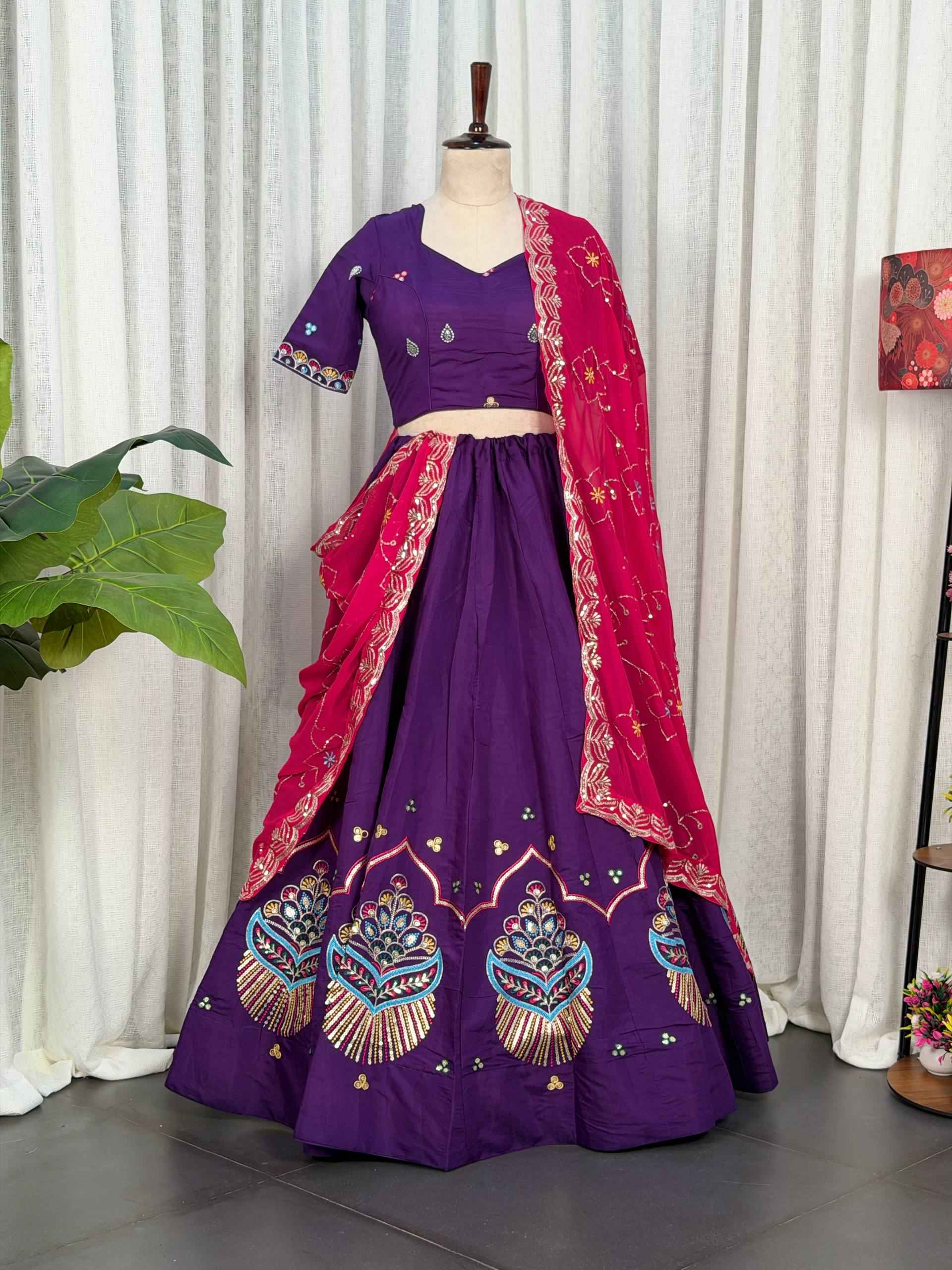 Purple Pure Roman silk Embroidery sequin Work Navratri Lehenga Choli