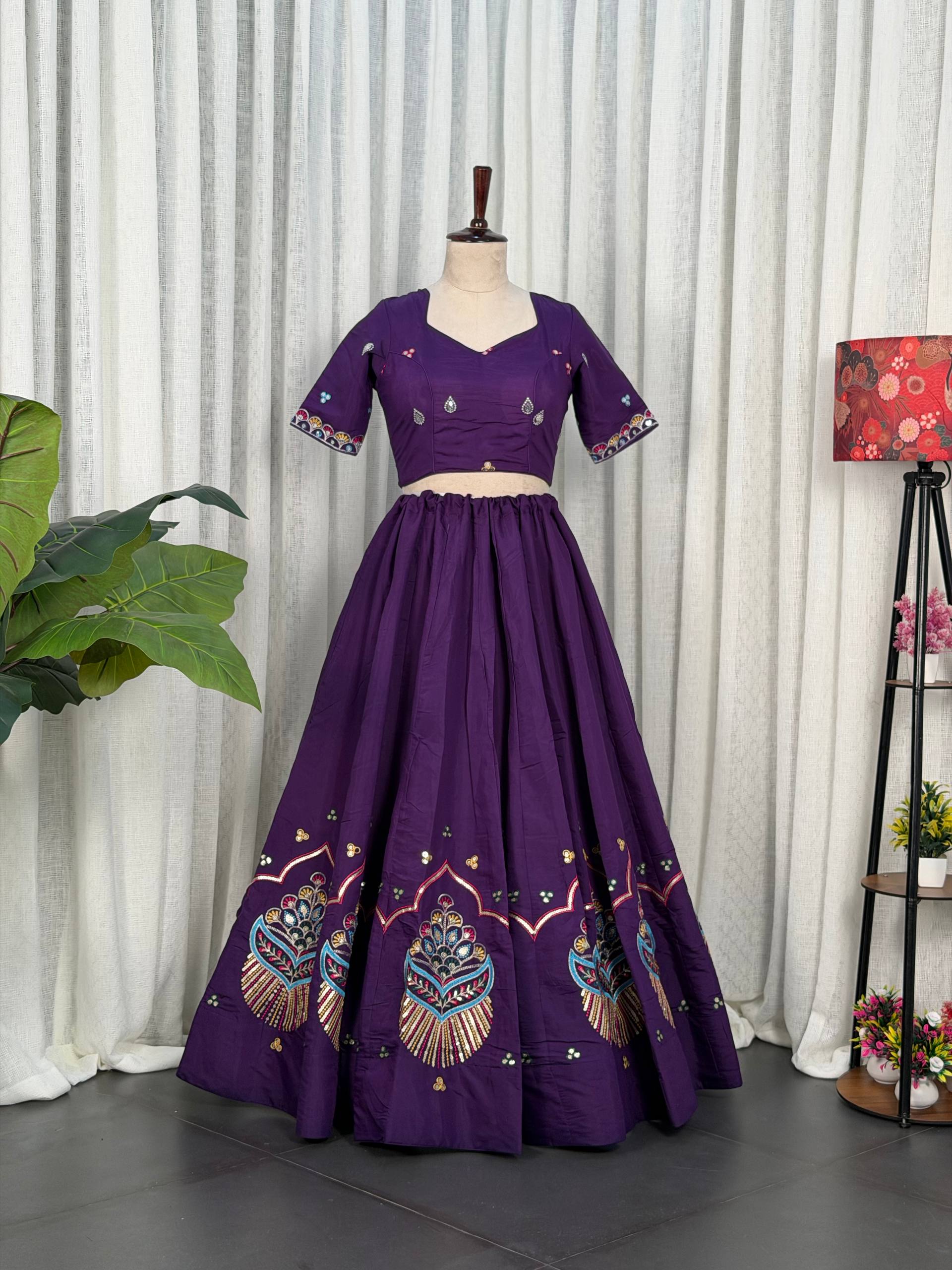 Purple Pure Roman silk Embroidery sequin Work Navratri Lehenga Choli
