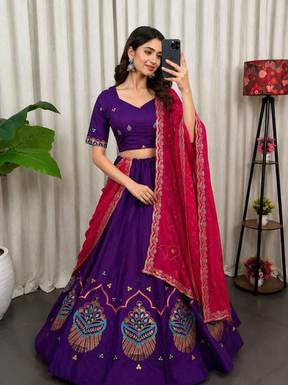 Purple Pure Roman silk Embroidery sequin Work Navratri Lehenga Choli