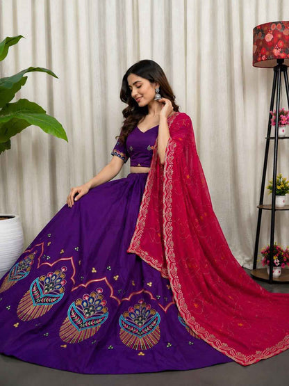 Purple Pure Roman silk Embroidery sequin Work Navratri Lehenga Choli