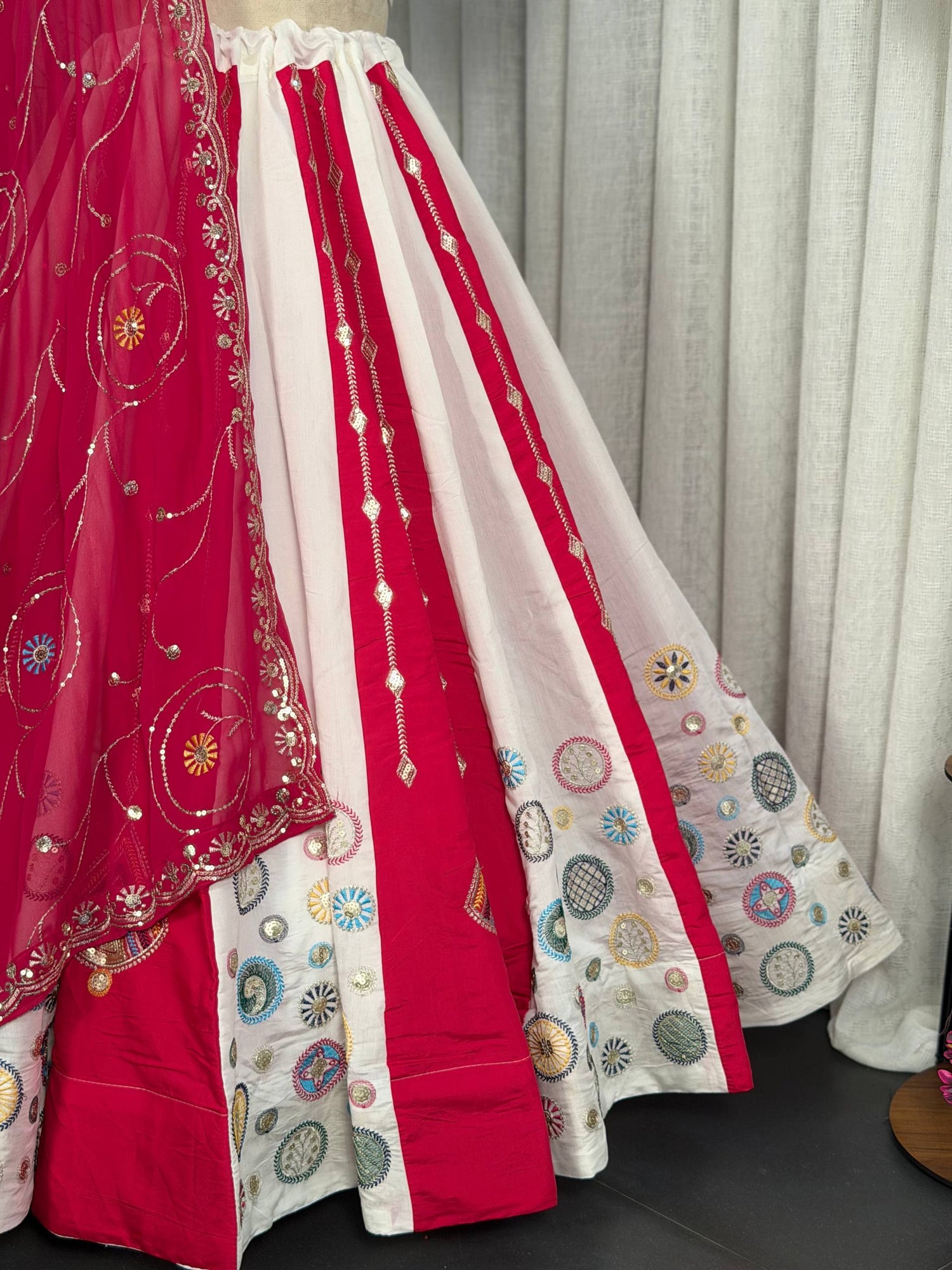 Multi Pure Roman silk Embroidery sequin Work Navratri Lehenga Choli