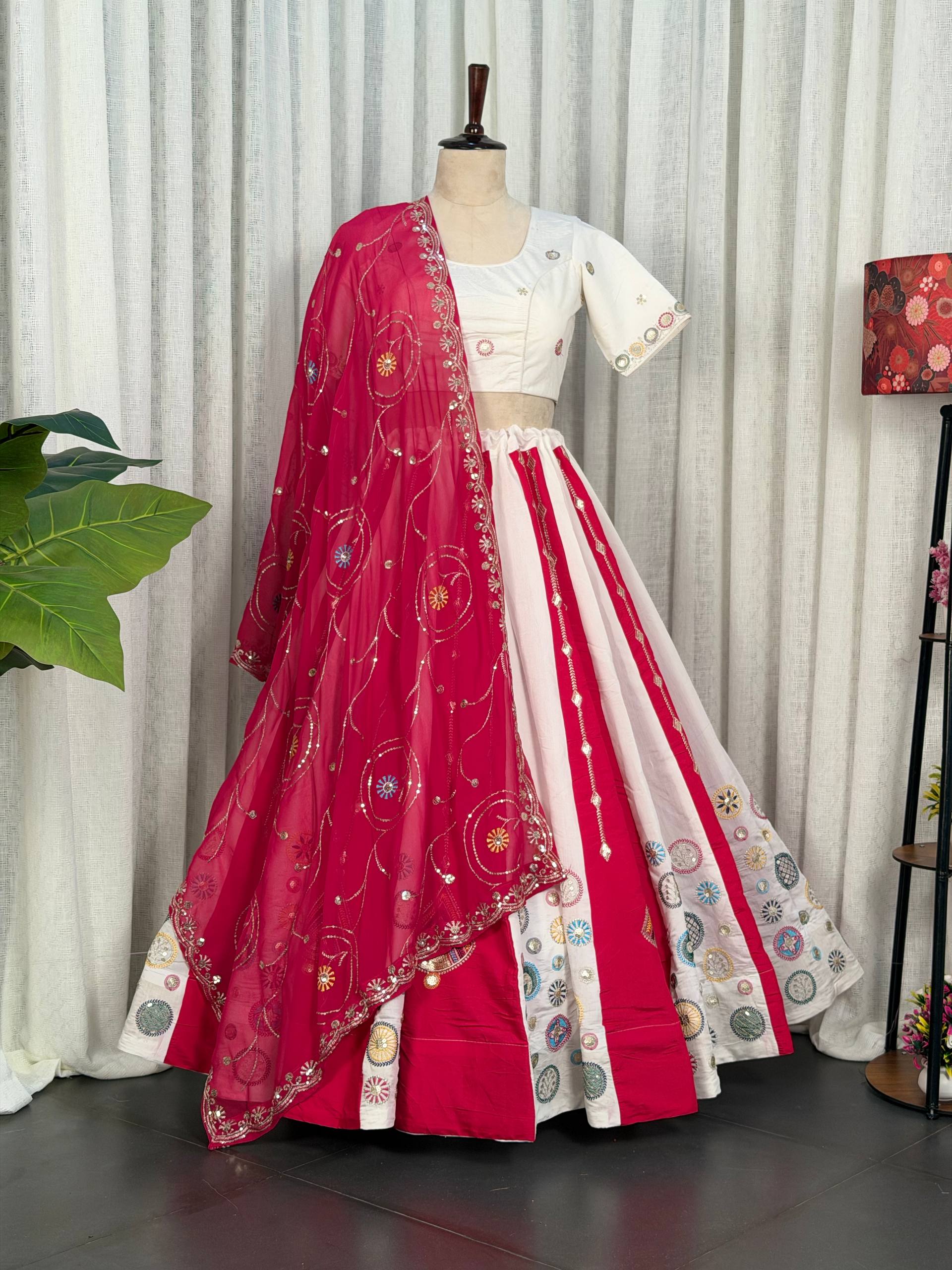Multi Pure Roman silk Embroidery sequin Work Navratri Lehenga Choli