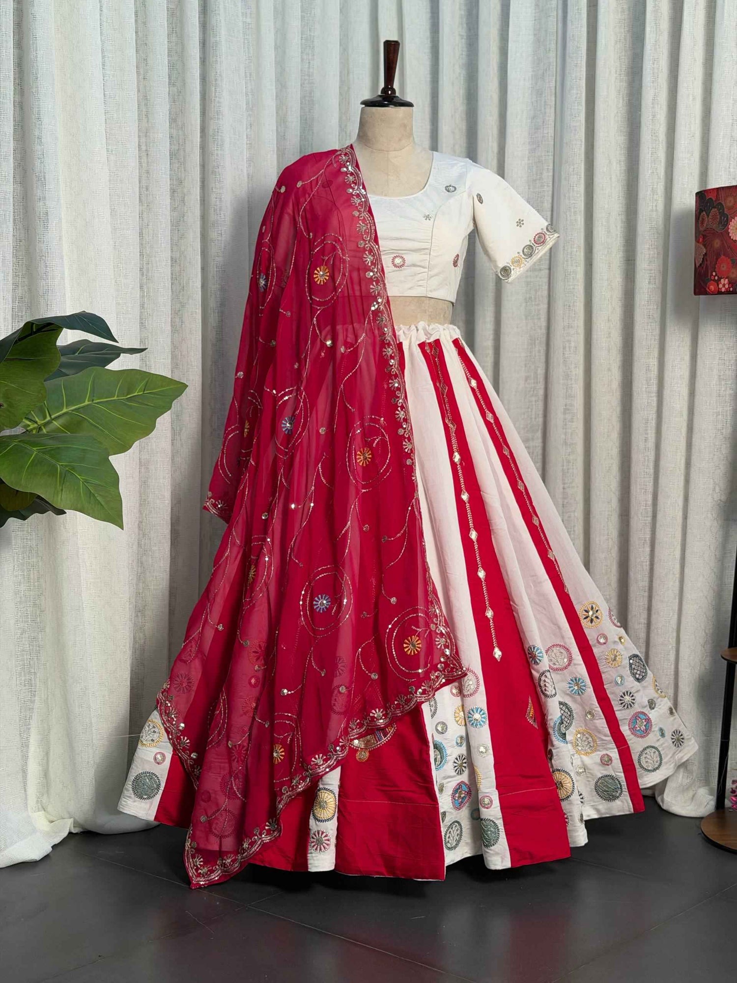 Multi Pure Roman silk Embroidery sequin Work Navratri Lehenga Choli