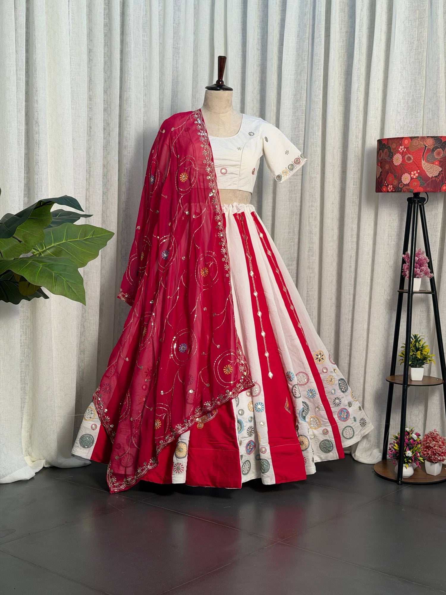 Multi Pure Roman silk Embroidery sequin Work Navratri Lehenga Choli