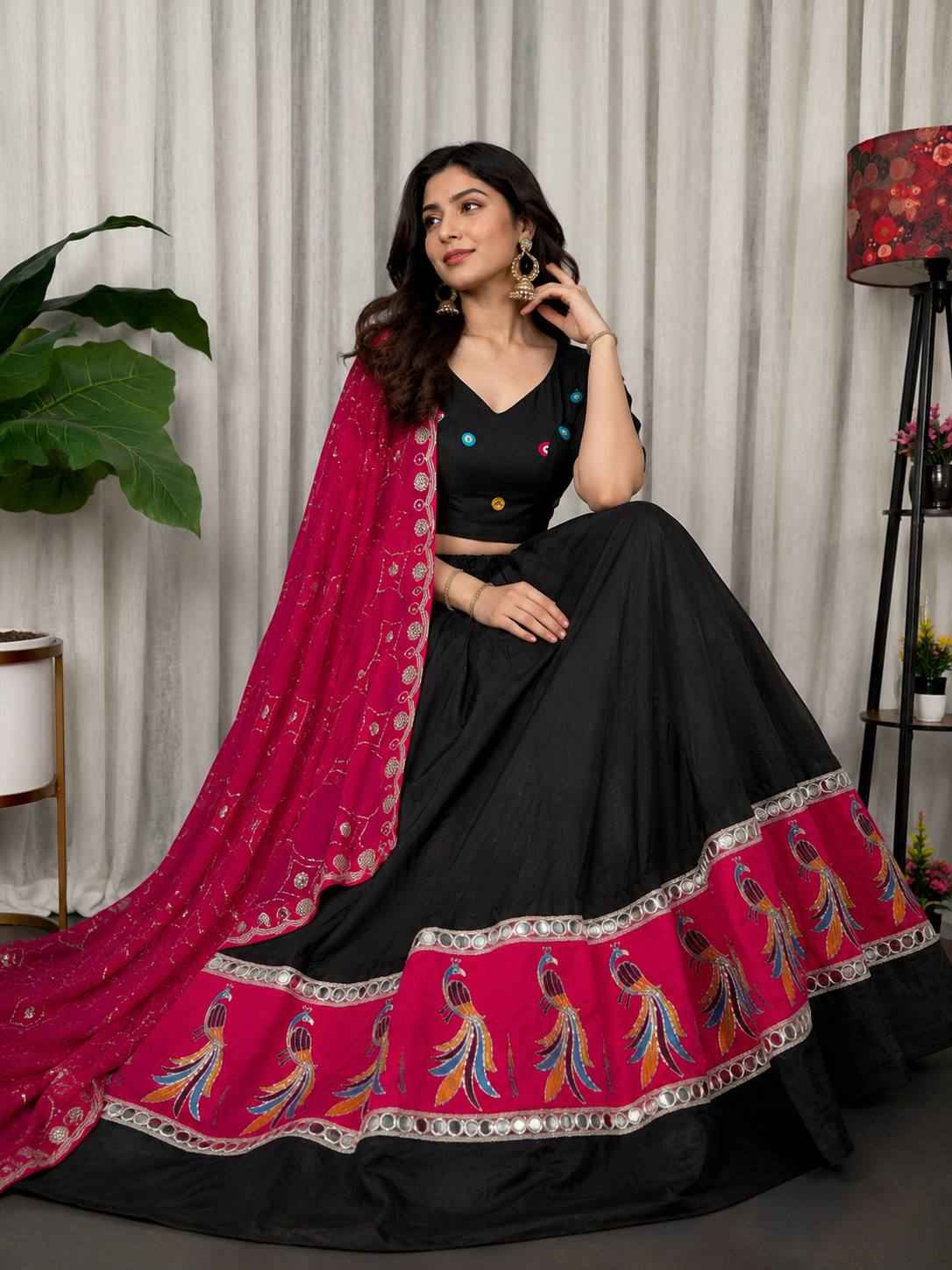 Black Pure Bluming Vichitra Silk Embroidery sequin Work Navratri Lehenga Choli