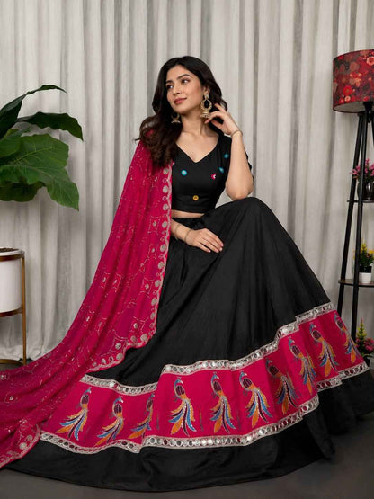 Black Pure Bluming Vichitra Silk Embroidery sequin Work Navratri Lehenga Choli