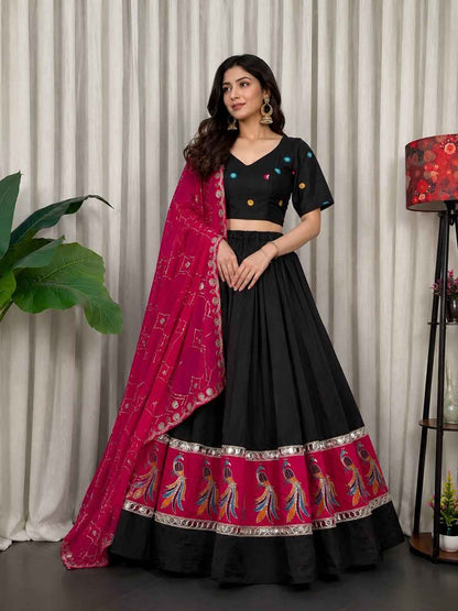Black Pure Bluming Vichitra Silk Embroidery sequin Work Navratri Lehenga Choli