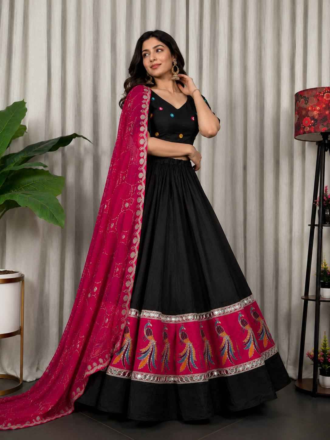 Black Pure Bluming Vichitra Silk Embroidery sequin Work Navratri Lehenga Choli