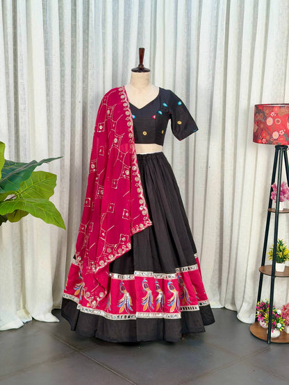 Black Pure Bluming Vichitra Silk Embroidery sequin Work Navratri Lehenga Choli
