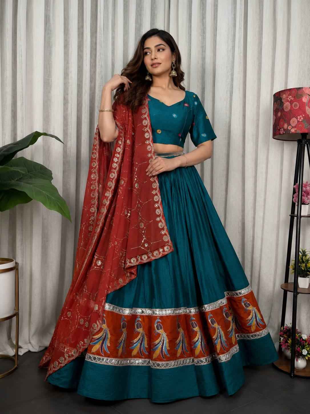 Rama Pure Bluming Vichitra Silk Embroidery sequin Work Navratri Lehenga Choli