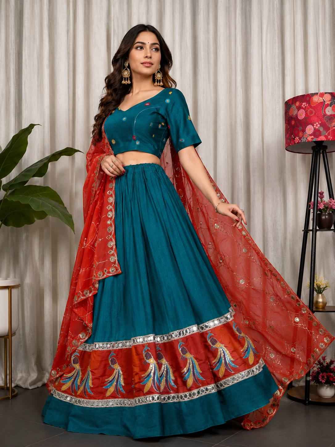 Rama Pure Bluming Vichitra Silk Embroidery sequin Work Navratri Lehenga Choli